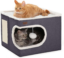 Covered Cat Cave Beds  Furniture with Scratch Pad and Hideaway Tent, Dark Grey