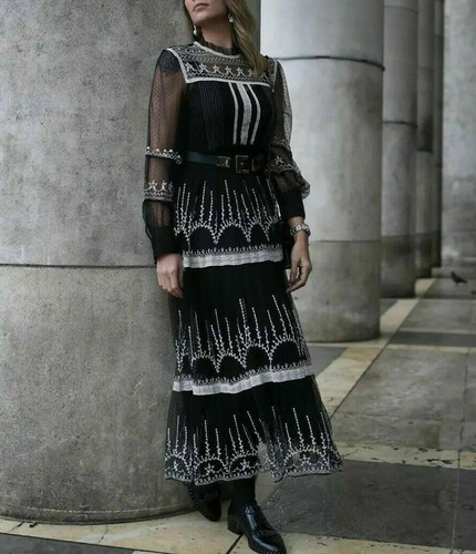 Zara Maxi Vestito Abito IN Tulle Ricamo Pizzo Lungo Ricamato Lacci Tulle  Vestito | eBay