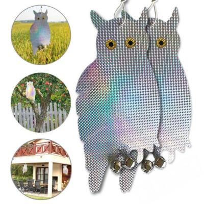 2pcs Fake Owl Bird Scare Garden Pest Repellent Reflective Hanging Device + Bells