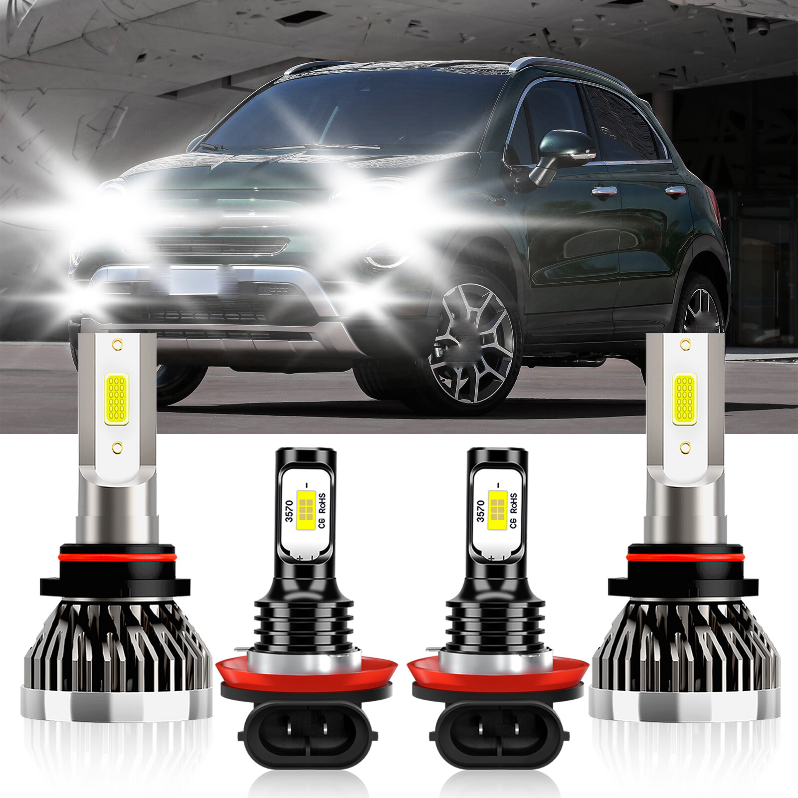 For Fiat 500X 2016-2023 4x 6000K LED Headlight High Low Beam+ Fog Light Bulbs