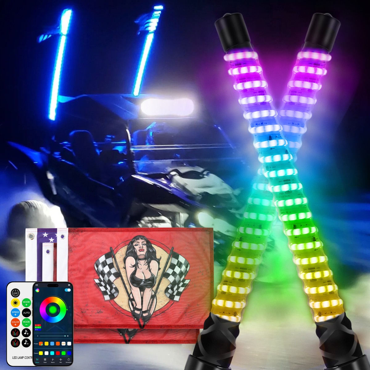 2X 3FT COB RGB LED Spiral Whip Lights w/Flag For Yamaha Viking