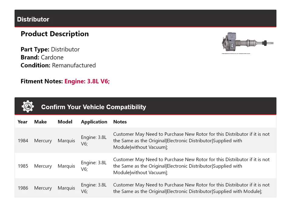 Para Mercury Marquis 1984-1986 3,8 L V6 distribuidor Cardone 1985 Foto 2 de 4