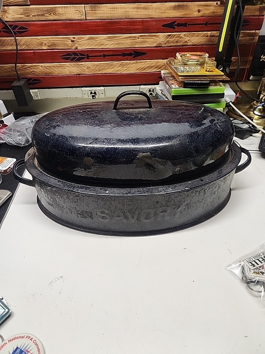 Vintage Savory Blue White Speckled Enamel Roasting Pan Lid Turkey