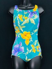 Vintage 1980s teal blue floral swimsuit, one-piece deadstock modest yellow M