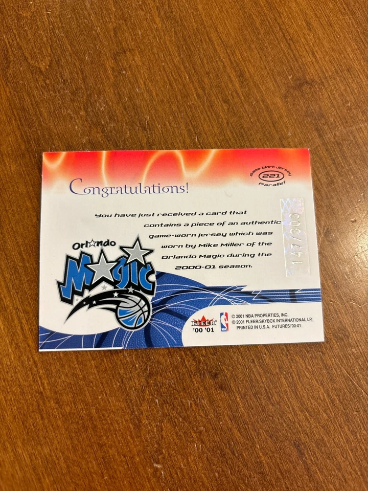 Mike Miller 2000-01 Fleer Futures Rookie Game Jersey #221 Magic Gators /300 RC - Image 2 of 2