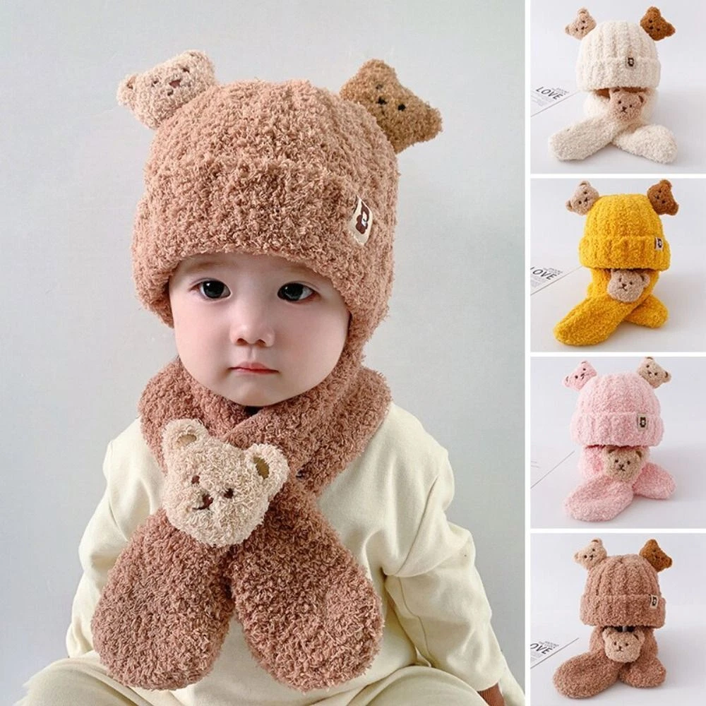 Keep Warm Baby Winter Hat Scarf Set Cartoon Bear Infant Beanie Knit Cap Baby