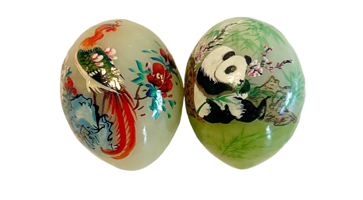 Vintage Albaster Hand Painted Eggs Asian Tropical Bird and Panda Bear Floral 3