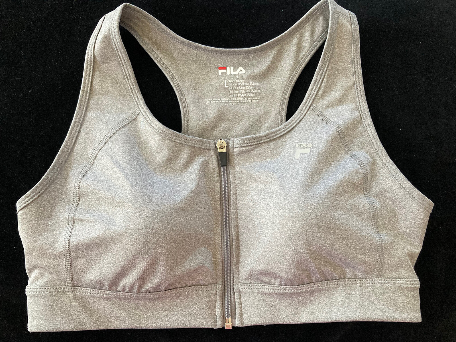 NEW FILA Sport Bra Padded Racerback Zip Front Size Large Gray/Grey NWOT
