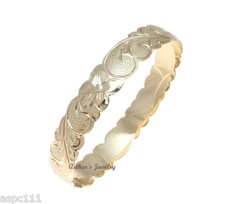 14K YELLOW GOLD 10MM CUSTOM MADE HAWAIIAN PLUMERIA FLOWER SCROLL CUT OUT BANGLE