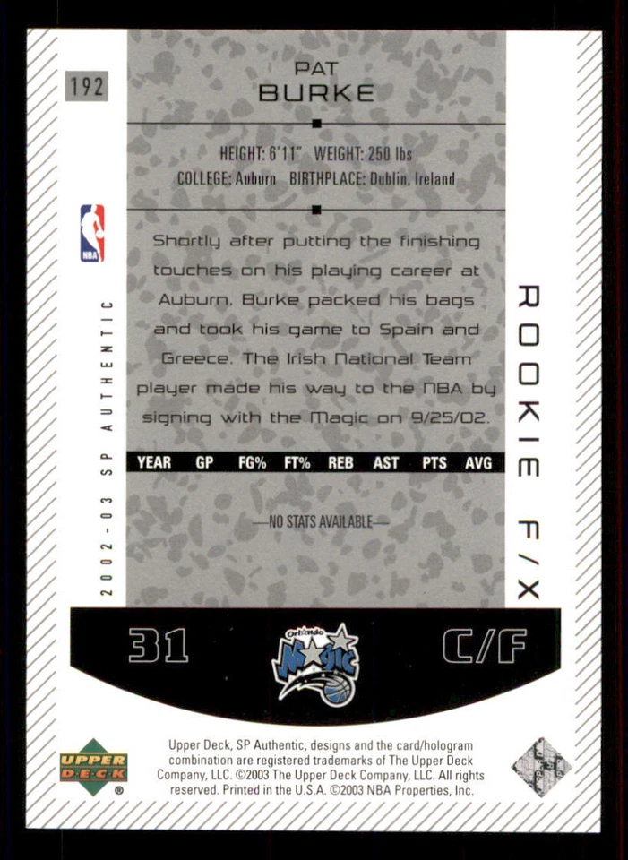 2002-03 SP Authentic #192 Pat Burke RC /1500 - Image 2 of 2
