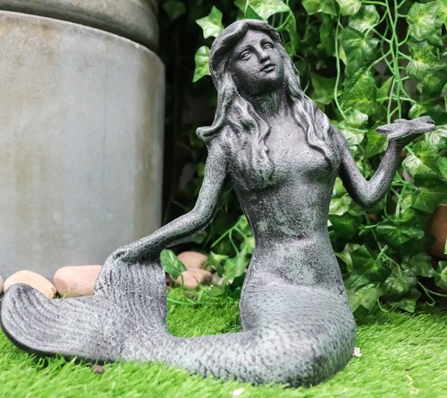 13 Zoll L Gusseisen große nautische Sirene Meerjungfrau hält Seestern Verdi grüne Statue - Bild 1 von 9