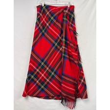 LRL Ralph Lauren Maxi Skirt Womens 8 Red Plaid 100% Wool Fringed Wrap Style