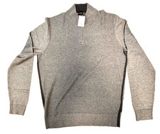 HUGO BOSS Quarter Zip Mock Neck Wool Sweater Men's LARGE L Gray Textured Ribbed