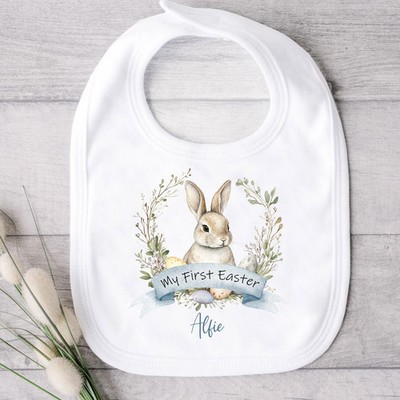 Personalised Blue Bunny Wreath My First Easter Baby Grow, Vest or Bib