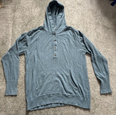 Kate Quinn Organic Blue Cotton Hooded Sweater Womens Size Medium Pocket Buttons