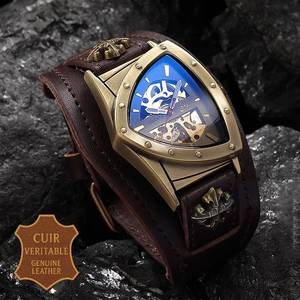 Bijou fantaisie : Montre argent avec breloque et bracelet cuir au fermoir ajustable