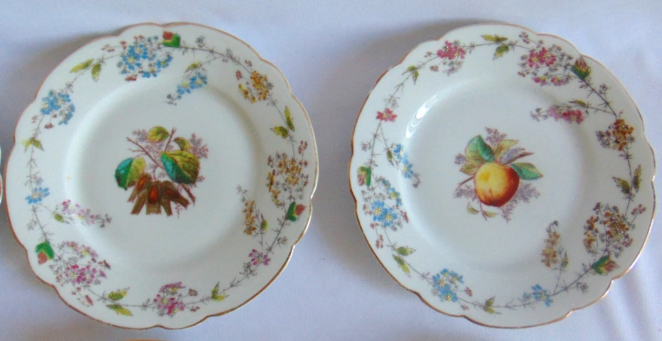 ANCIENNES 12 ASSIETTES A DESSERT PORCELAINE DE PARIS DECOR FLEURS ET FRUITS - Photo 2/4