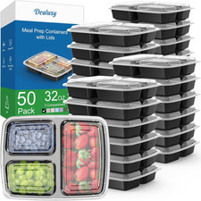 50-PK 32oz Meal Prep Container - Plastic Take Out To Go Boxes 3-Compartment Lids