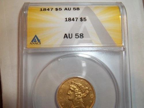 1847 $5 Gold Liberty ANACS  AU 58 Half Eagle - US gold coin, free shipping!!!