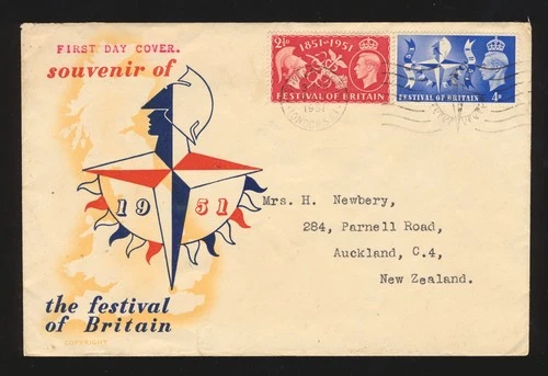 UK 1951 ‘FESTIVAL OF BRITAIN’ SOUVENIR COVER LONDON TO AUCKLAND NEW ZEALAND