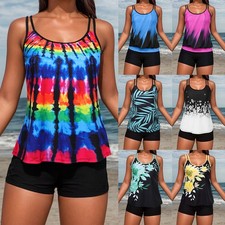 Womens Padded Tankini Set Boy Shorts Swimsuit Bathing Beach Swimwear Costume