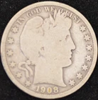1908-D VG Barber Half Dollar, 90% Silver
