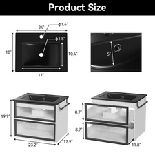 24" Undermount Bathroom Sink, Single Ceramic Bowl, No Faucet, Black or White