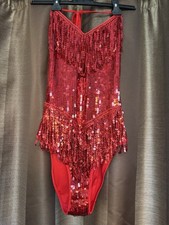 IMEKIS Women Sequins Fringe Bodysuit Halter V Neck Leotard Dance Costume small