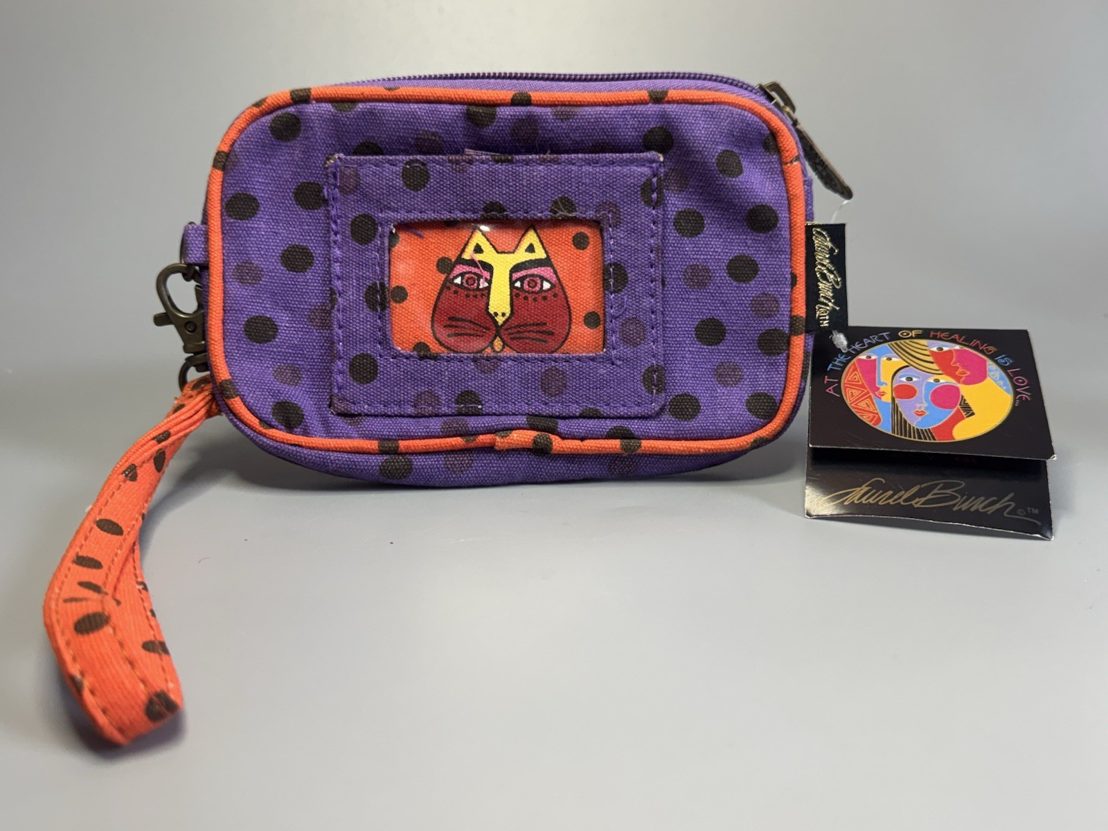 NWT Laurel Burch Polka Dot Cat ID Wristlet Wallet Clutch Purple Orange LB42080A