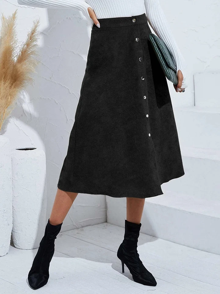 Falda Larga Mujer Pana Sólida Botón Cintura Alta Otoño/Invierno Foto 3 de 4