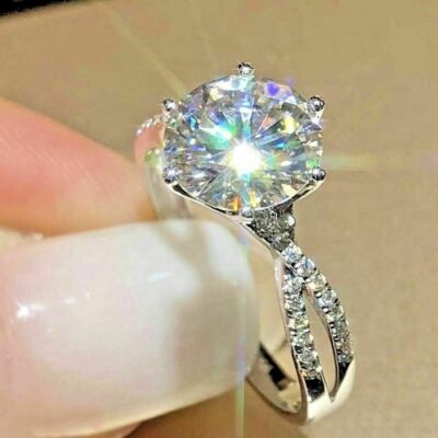 2.03 CT White Round Moissanite Six Prong Engagement Ring In Solid 14K White Gold