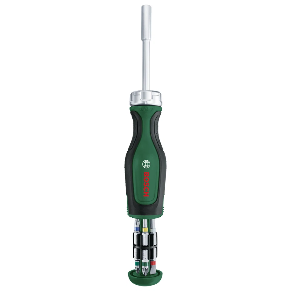 Bosch Ratchet Screwdriver with 12 Bits (PH, PZ, SL, TX, HEX) Pop-Up Bit Magazine