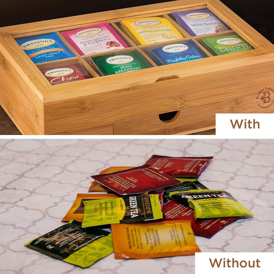 Bamboo Tea Box Organizer Wood Tea Chest with SlideOut Drawer
