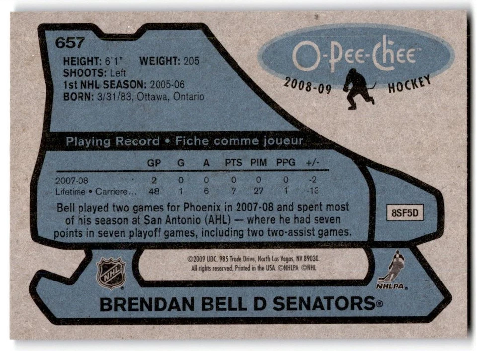 2008-09 O-Pee-Chee '79-80 Retro Brendan Bell #657 Ottawa Senators - Image 2 of 2