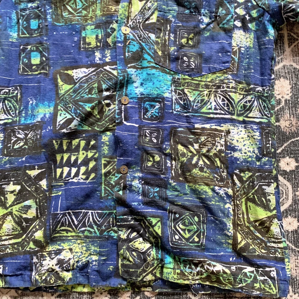 Camisa Hawaiana De Colección Moda de Hawaii Vibrante Azul Verde Metal Botones Pequeña Foto 3 de 4