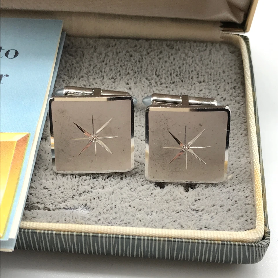 Gemelos cuadrados gruesos grabados en estrella de plata de ley 925 Krementz vintage con caja Foto 2 de 4