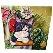 Decorative Cat Tile Floral 5.5x5.5 Hand painted 3-D Stand Attached Cat Lover