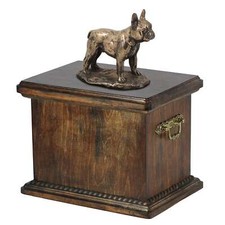 Solid Wood Casket French Bulldog Urn for Dog's ashes,with Dog statue
