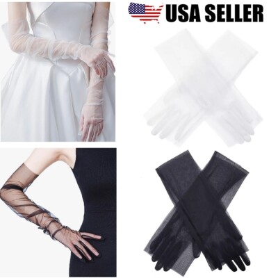 Women Sheer Tulle Gloves Transparent Full Finger Elbow Long Gloves Mittens Party