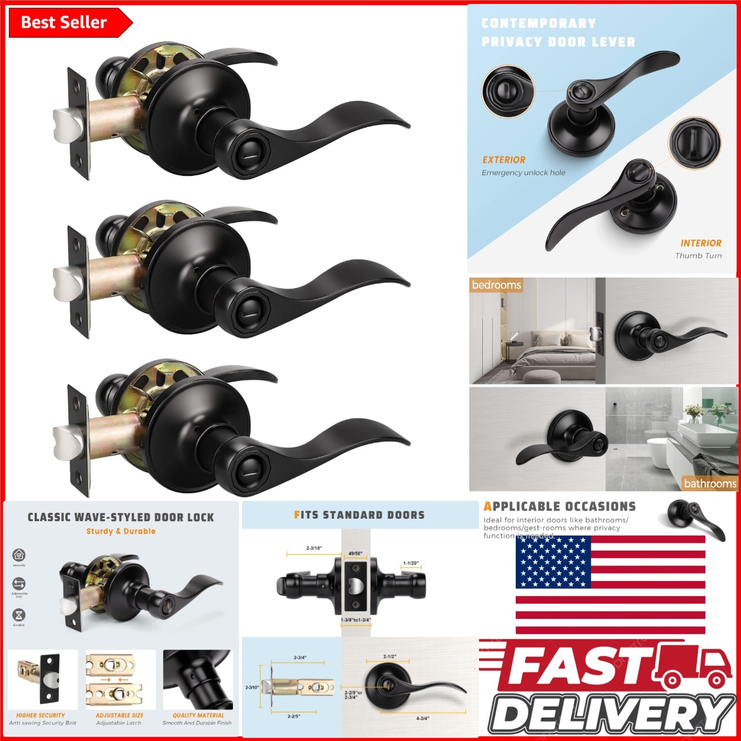 Universal Privacy Door Lever Set - 3 Matte Black Locks for Bedrooms/Bathrooms-image