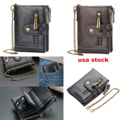 Men Men's C3 Leather Wallet ID Sim Credit Card Hold Triple Zipper Coin w Chain