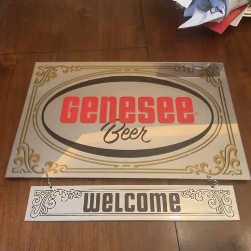 Vtg 1960s Beer Hanging Double Sided Bar Sign Welcome On Tap W/ Genesee Mirror