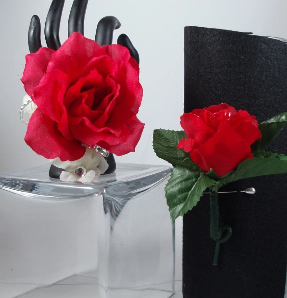 Ramillete de muñeca de graduación y boutonniere artificial rojo y blanco flor diamante Foto 2 de 4