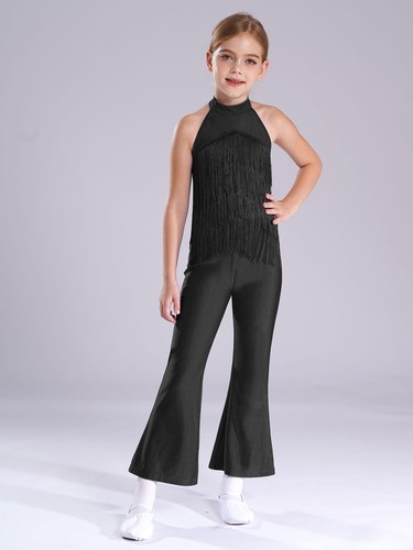 Kids Girls Bodysuit Fringed Rompers Disco Leotard Latin Overalls Halter Dance - Picture 45 of 70