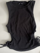 Zara Womens Tank Top Black Ribbed Open Ruched Side Crop Body Con Size M