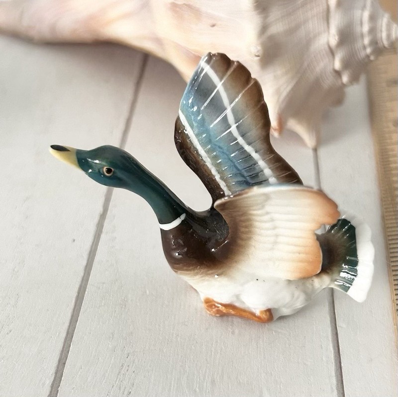 Vintage Mallard Duck Fine China Figurine In Flight Water Landing Wings Up Small