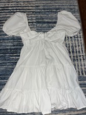 Boutique White Puff Sleeve Mini Dress Tie Front Ruffle Hem Short Sleeve