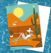 SHAG Josh Agle Xmas 2016 Greeting Christmas Card Art * DESERT HOLIDAYS white cat