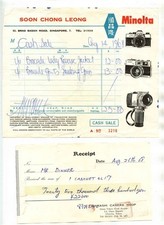 2 Camera Store Receipts Singapore Minolta & Tokyo Cannonet 1968