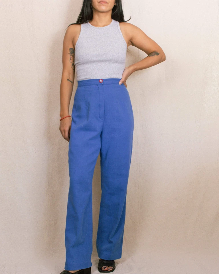 Pantalones Vintage Años 60 Azul Lino Cintura Alta Estilo Disco Pierna Ancha 25 26 Hechos a Mano Foto 3 de 4
